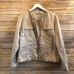 Chico’s Khaki Floral Ruffle Open Jacket Size 2 Large